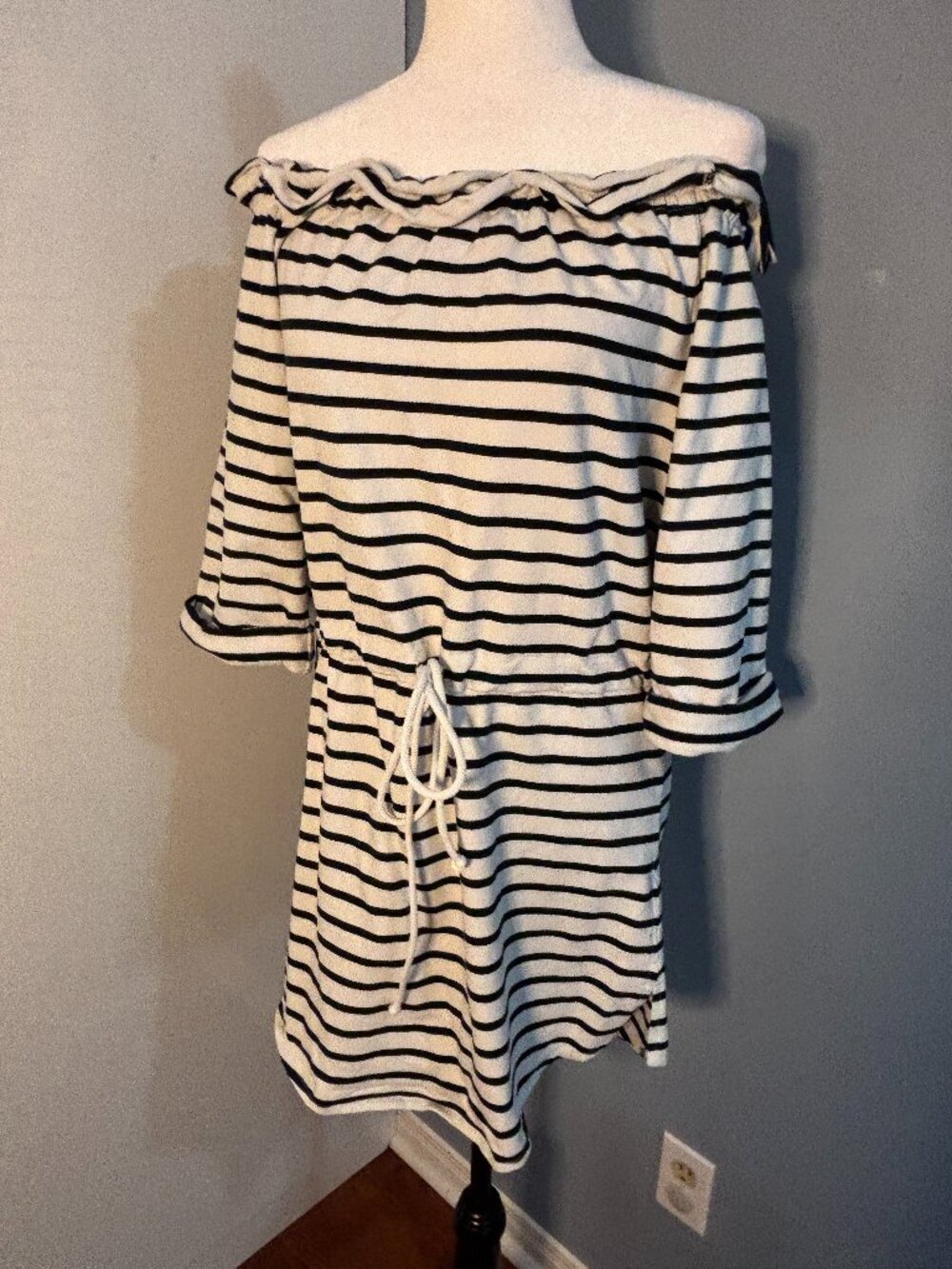 KENDALL + KYLIE off shoulder, drawstring waist, navy striped cotton dress.